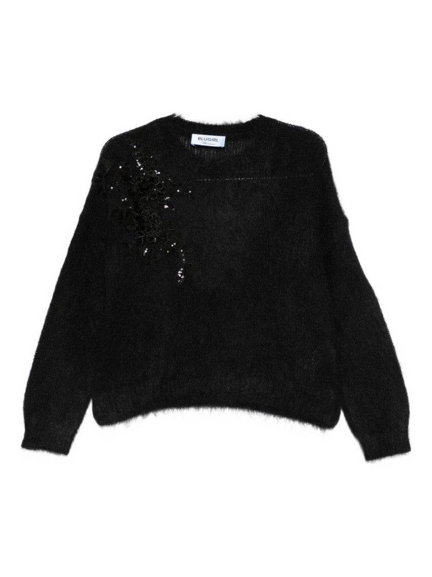Blugirl Solid Black Knit Sweater With Round Neckline And Long Sleeves
