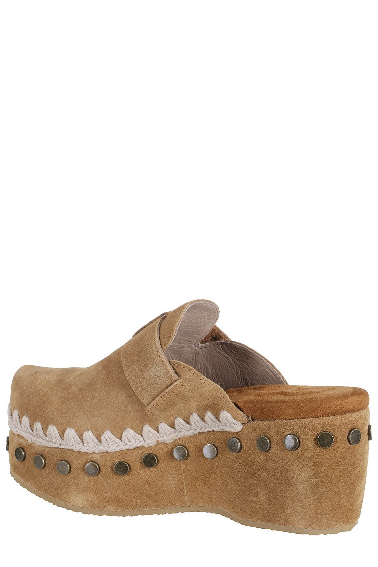 Mou Cognac Plain Crochet Trim Platform Suede Clogs