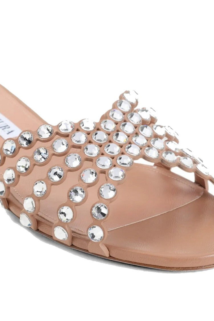 Aquazzura Pink Nappa Leather Crystal-Embellished Slide Sandal