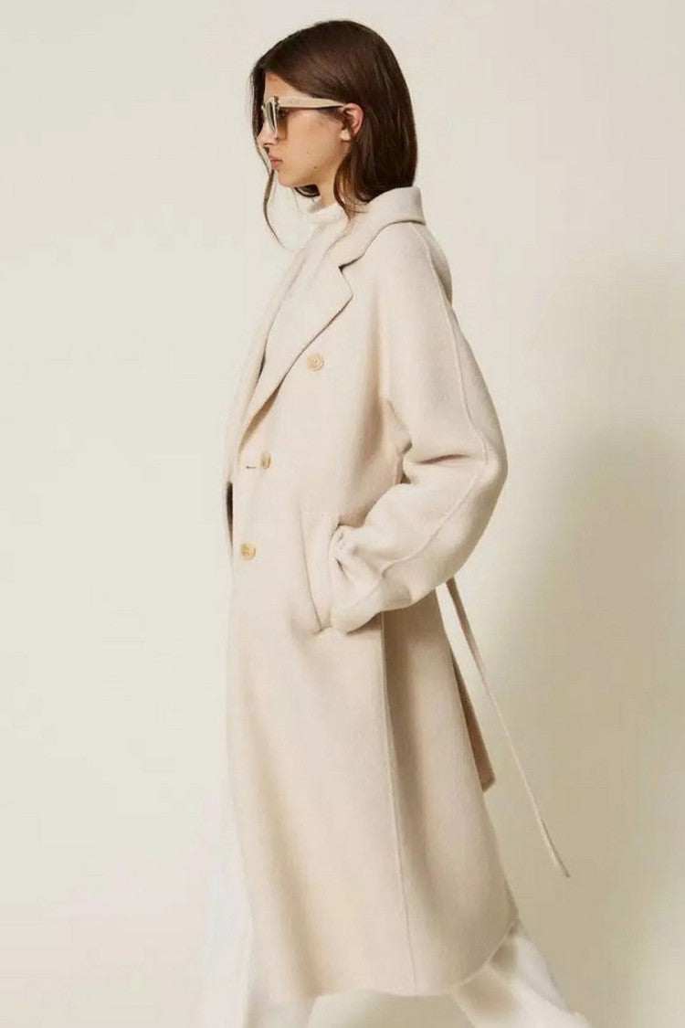 Twin-Set Ivory Double-Breasted Belted Wool-Blend Coat