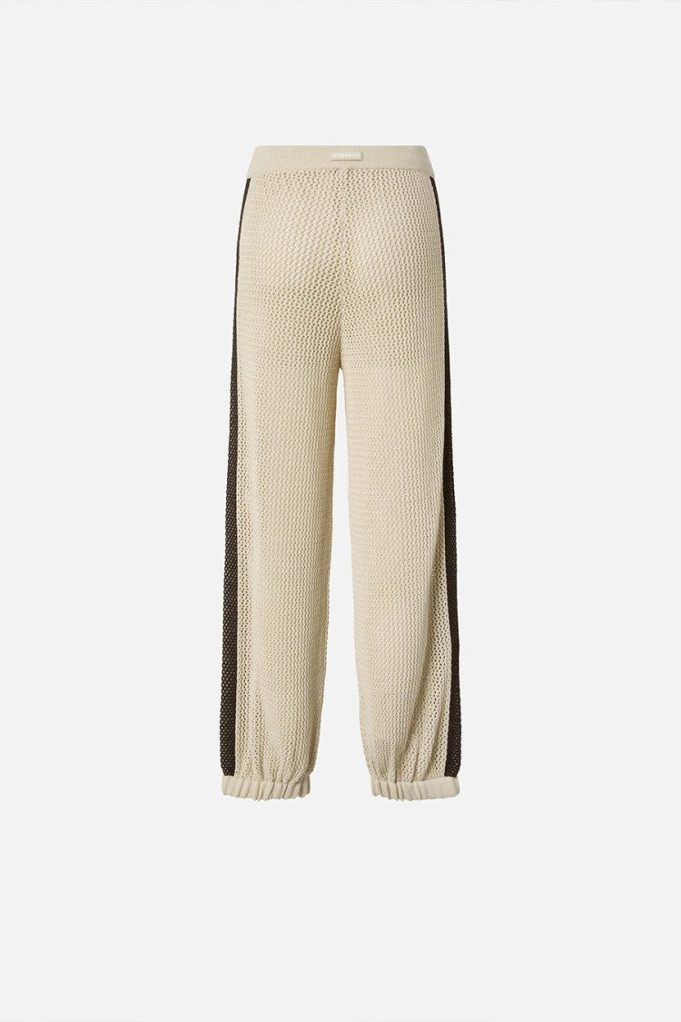 Pinko Beige Nebulosa Pointelle-Open Contrast Stripe Cotton-Blend Sweatpants