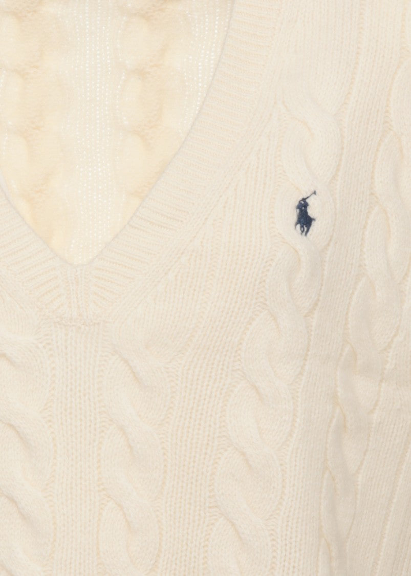 Polo Ralph Lauren Ivory V-Neck Sleeveless Cable-Knit Wool Sweater