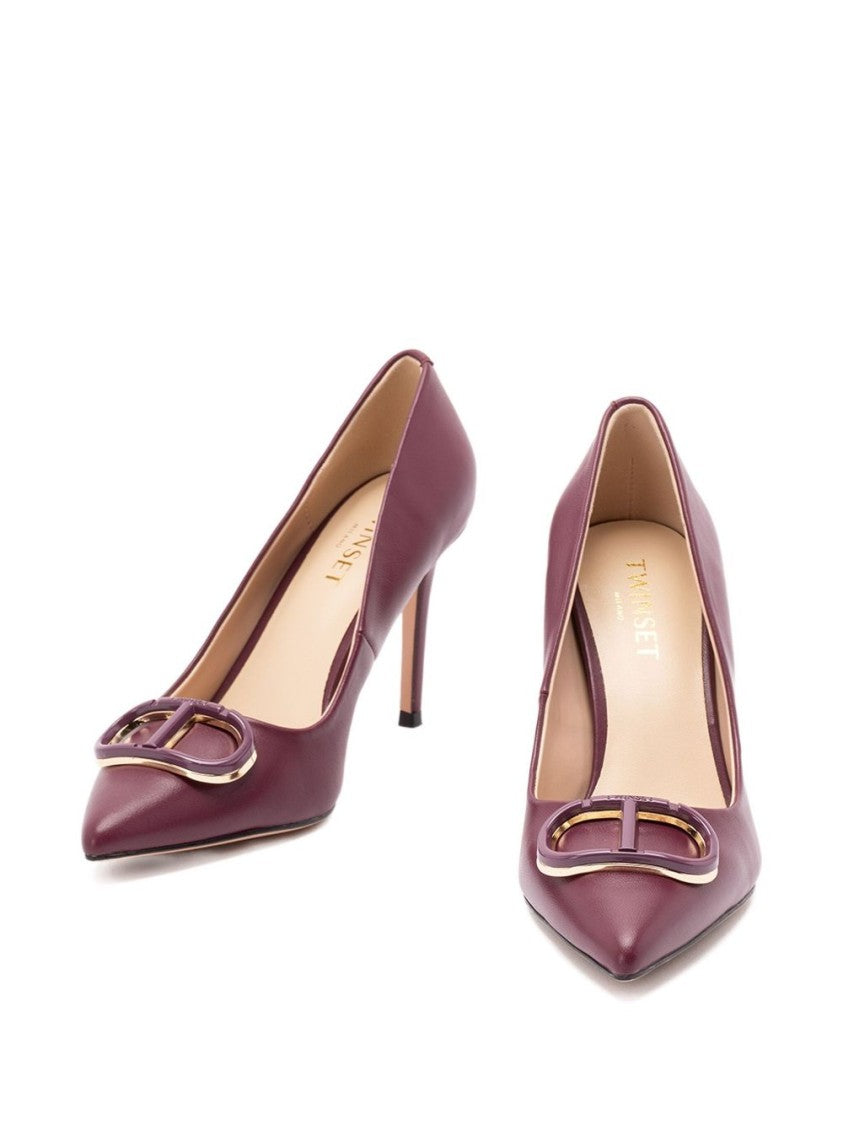 Twin-Set Bordeaux Leather Pumps With Decorative Buckle Detail