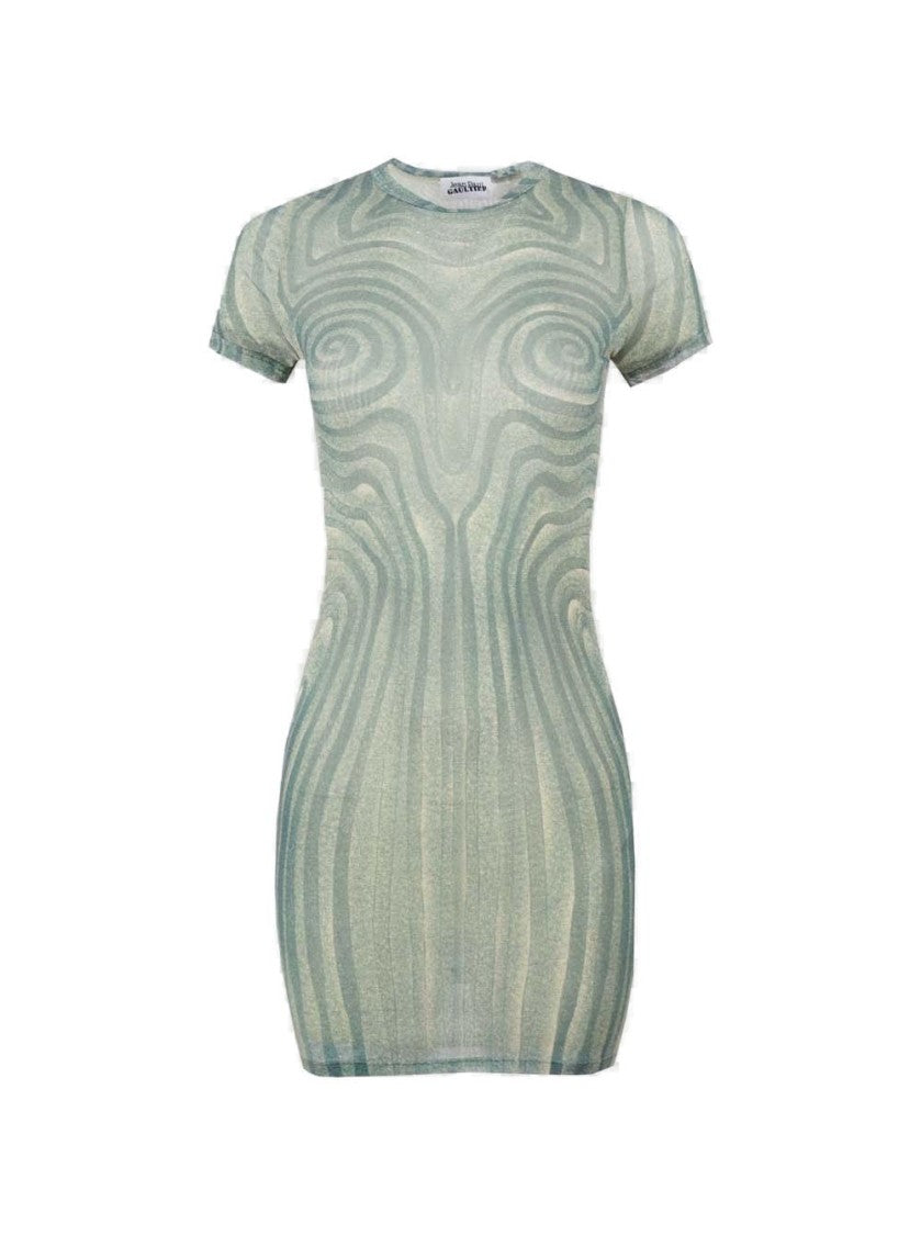 Jean Paul Gaultier Short Mesh Spiral Dress Ecru And Aqua