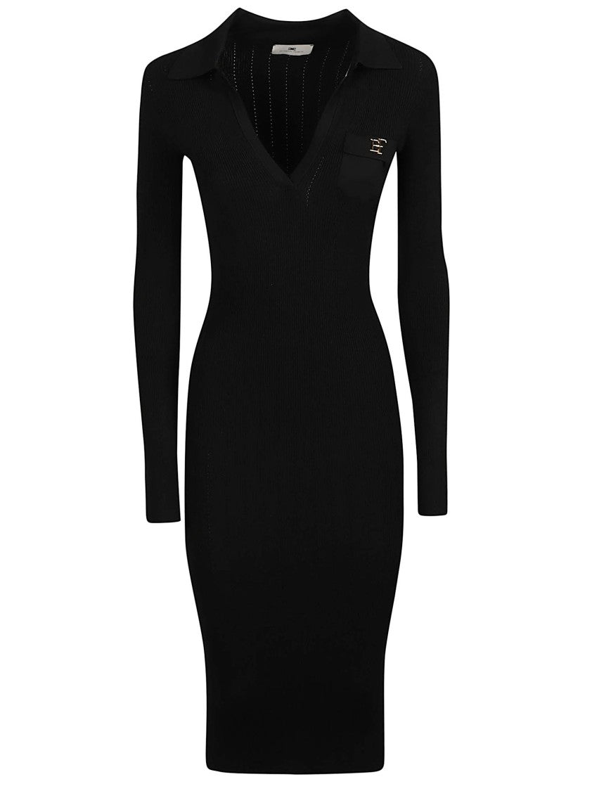 Elisabetta Franchi Fitted Long Sleeve Midi Dress With Deep V-Neck And Emblem Detail