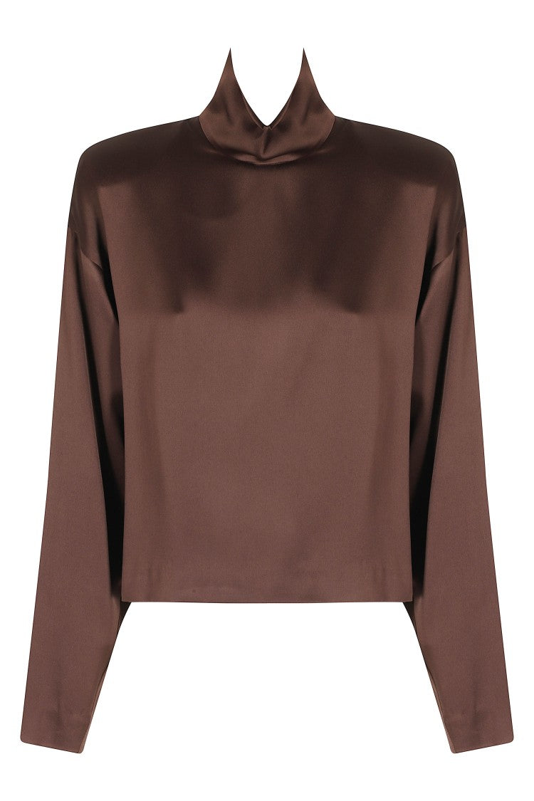 Federica Tosi Brown High-Neck Padded Shoulder Satin Blouse