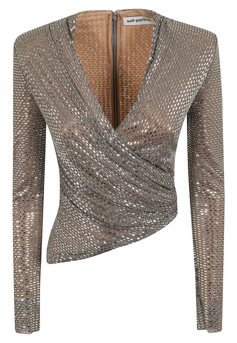 Self-Portrait Charcoal Grey Rhinestone Mesh Wrap Top