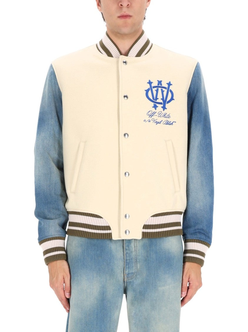 Off-White Gothic Wool Denim Jacket With Snap-Button Closure And Striped Details