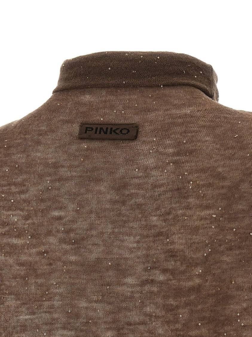 Pinko Fitted Brown Turtleneck Sweater With Subtle Sparkle