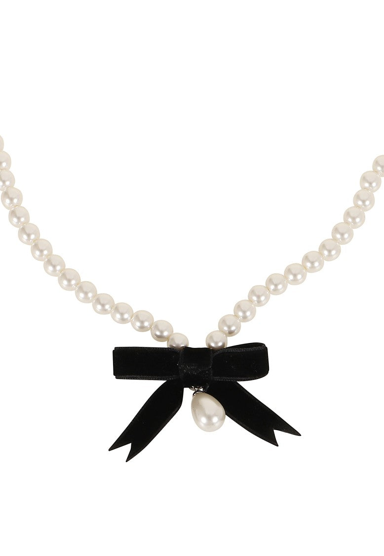 Self-Portrait White/Black Black Bow Pearl Velvet Necklace