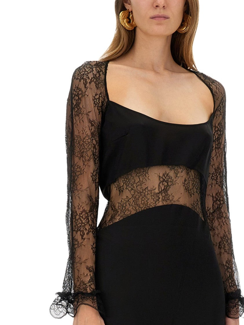 Nina Ricci Intricate Lace Midi Dress With Sheer Sleeves And Open Back Design