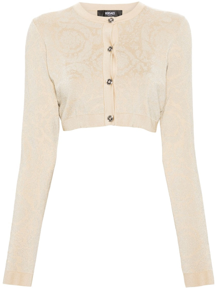 Versace Beige Cropped Baroque Lurex Knit Cardigan
