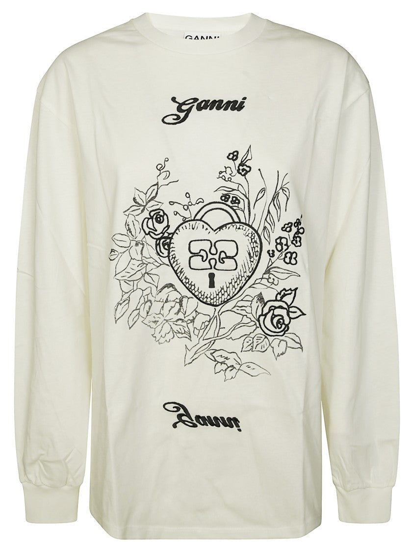 Ganni Artistic Long-Sleeve T-Shirt With Intricate Floral Prints