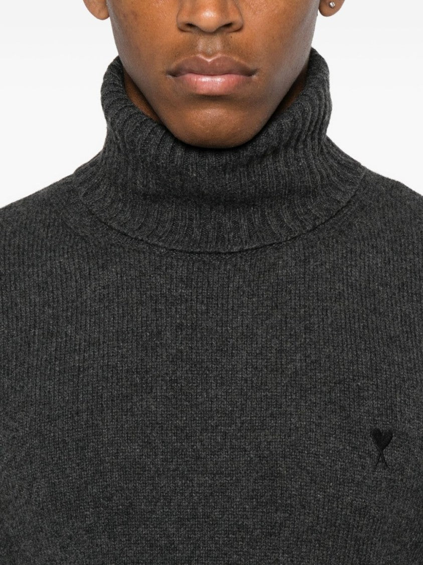 Ami Paris Anthracite Grey Turtleneck Ribbed Knit Sweater