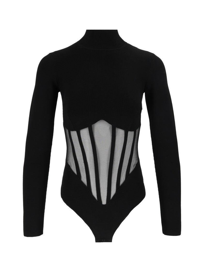 Elisabetta Franchi Black Long-Sleeve Mesh Panel Bodysuit