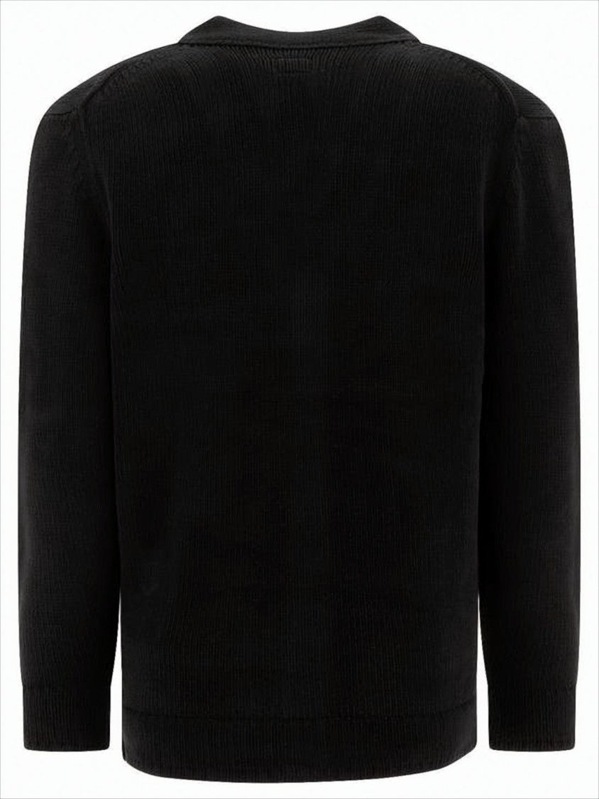 C.P. Company Black Knitted Cardigan With V-Neckline And Distinctive Logo Patch