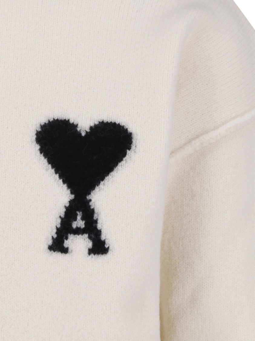 Ami Paris Cream Wool Sweater With Intarsia Heart And Logo Detail