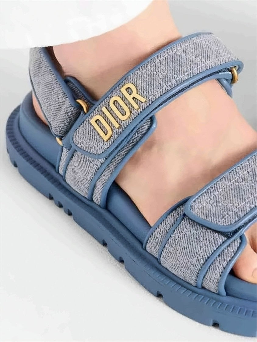 Christian Dior Textured Blue Sandals With Adjustable Straps And Gold-Tone Detailing