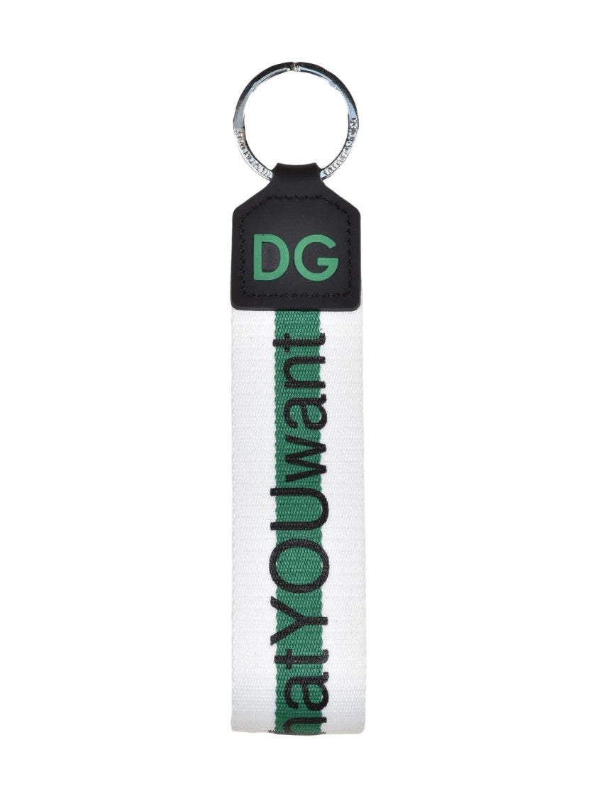 Dolce & Gabbana White/Green Embossed Leather Polyester Keychain