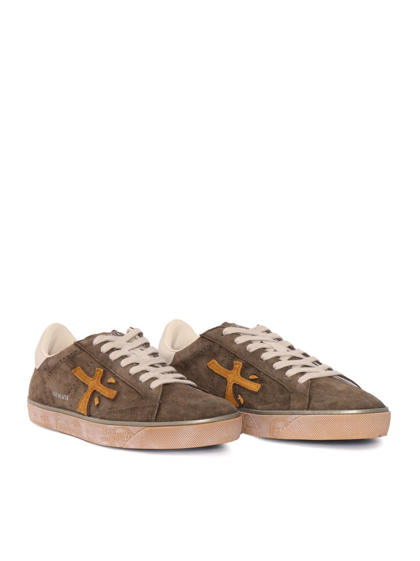 Premiata White Steven Olive Green Calf Leather Low-Top Sneakers