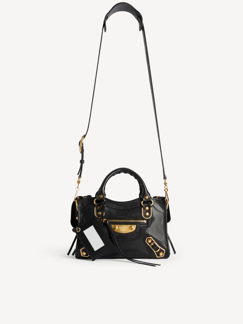 Balenciaga Structured Black Leather Mini Shoulder Bag With Gold Accents