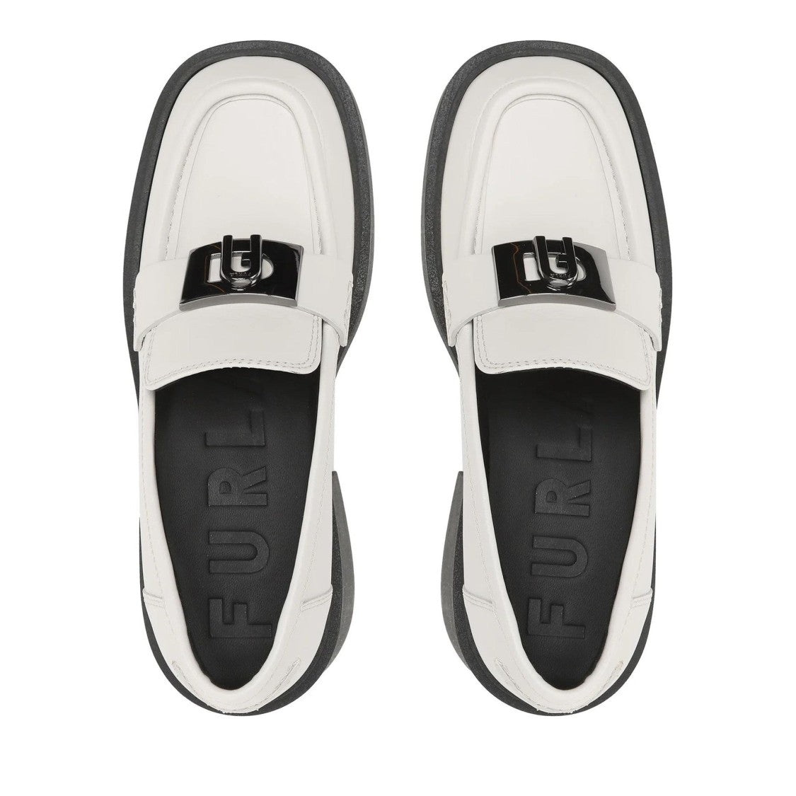 Furla White College Chunky Platform Metallic Buckle Leather Loafers