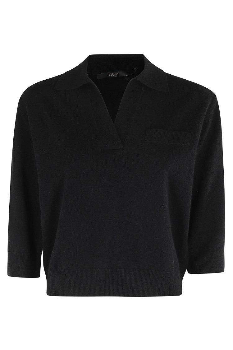 Seventy Three-Quarter Sleeve V-Neck Cashmere Sweater With Classic Collar