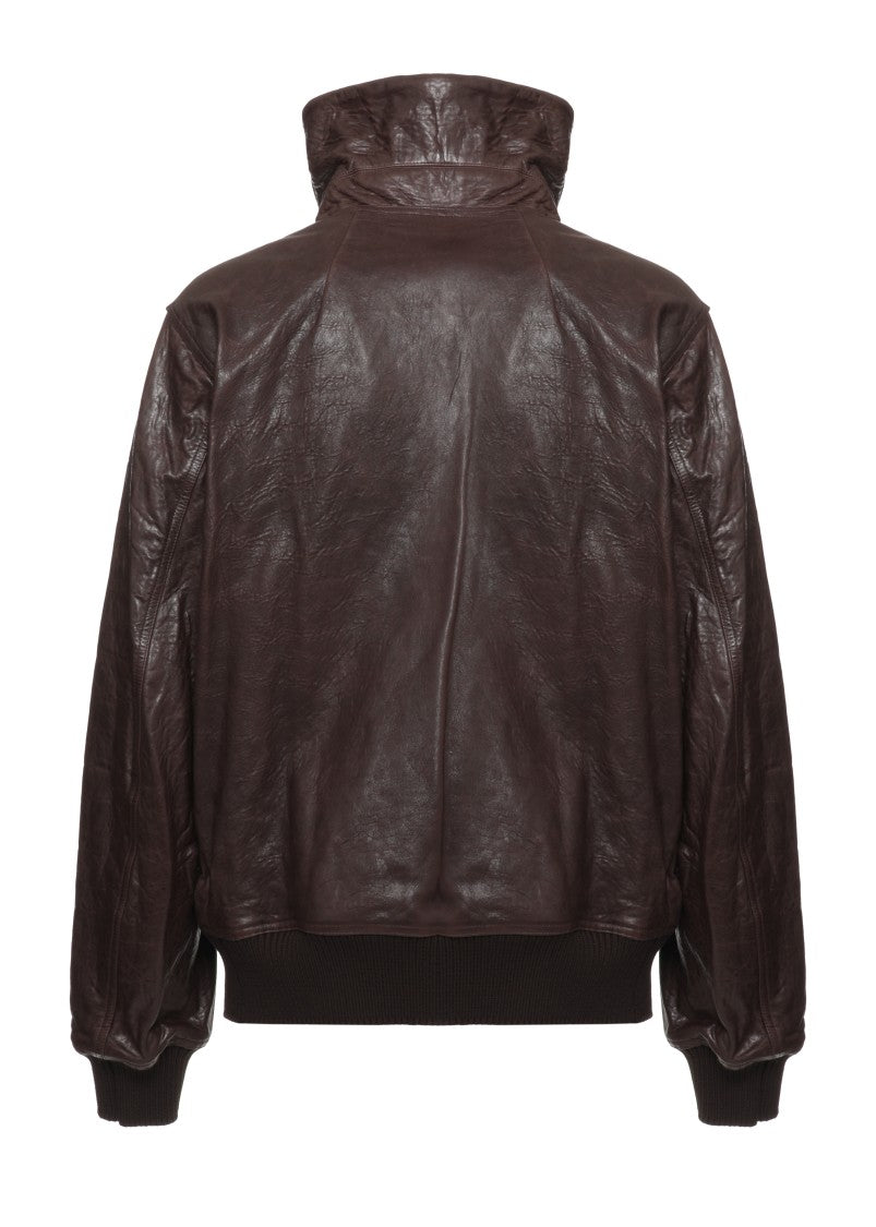 Rick Owens Brown Leather High-Neck Bomber Jacket
