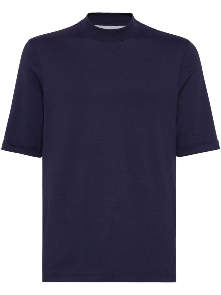 Brunello Cucinelli Navy Blue Mock Neck T-Shirt