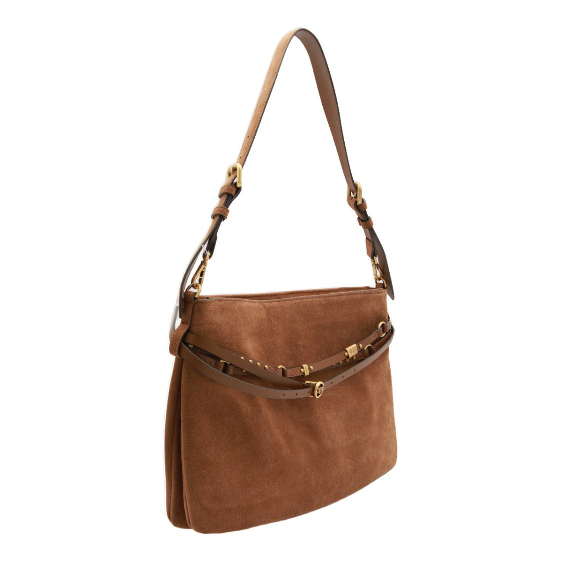 Pinko Medium Suede Handbag With Decorative Strap And Gold Accents