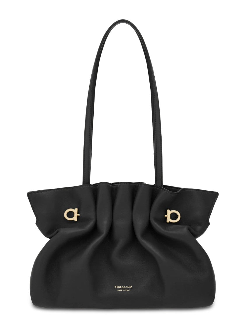 Ferragamo Ruched Lamb Leather Handbag With Gold-Tone Accents