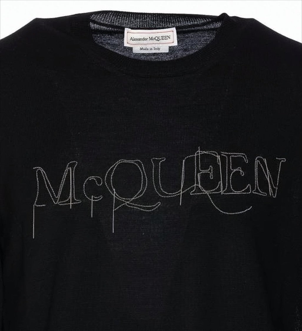 Alexander Mcqueen Crew Neck Black Wool Sweater With Artistic Embroidery
