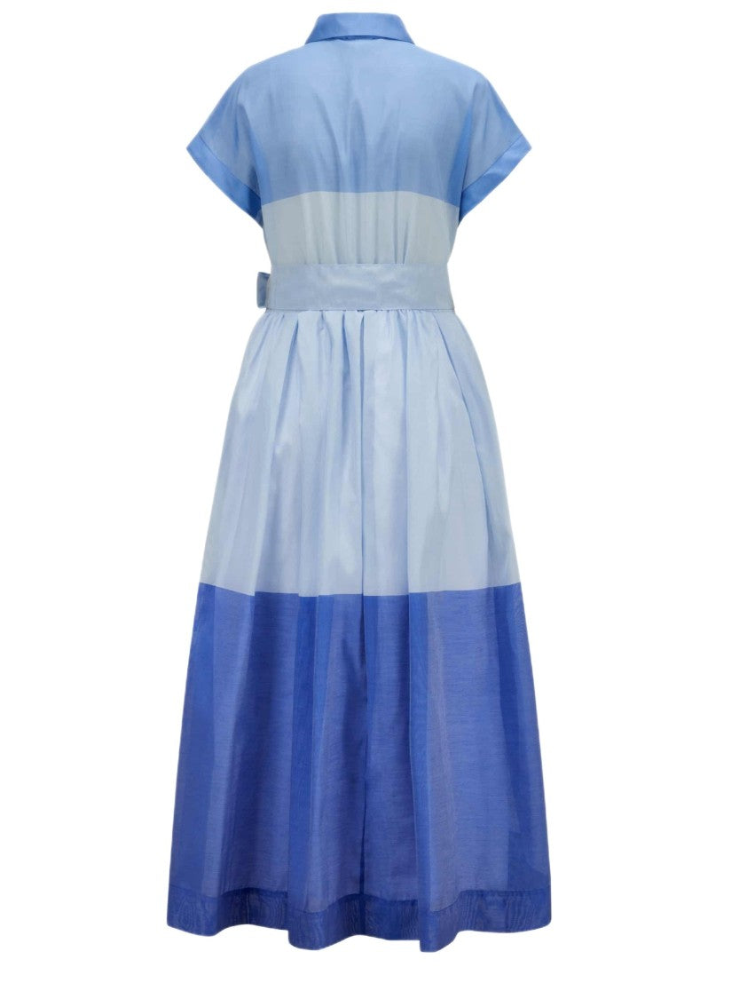 Sara Roka Color-Block Cotton Silk Shirt Dress With Waist Sash