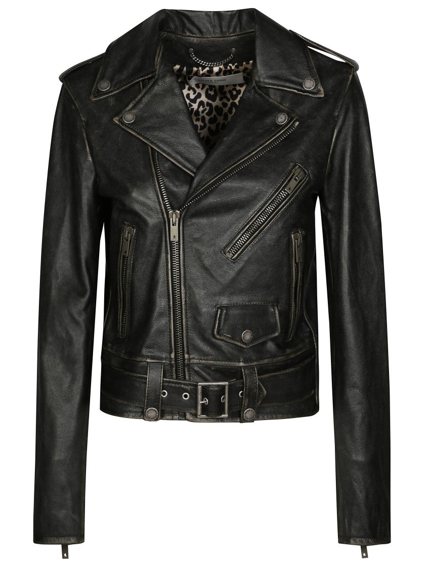 Golden Goose Biker Leather Jacket With Zip Closure