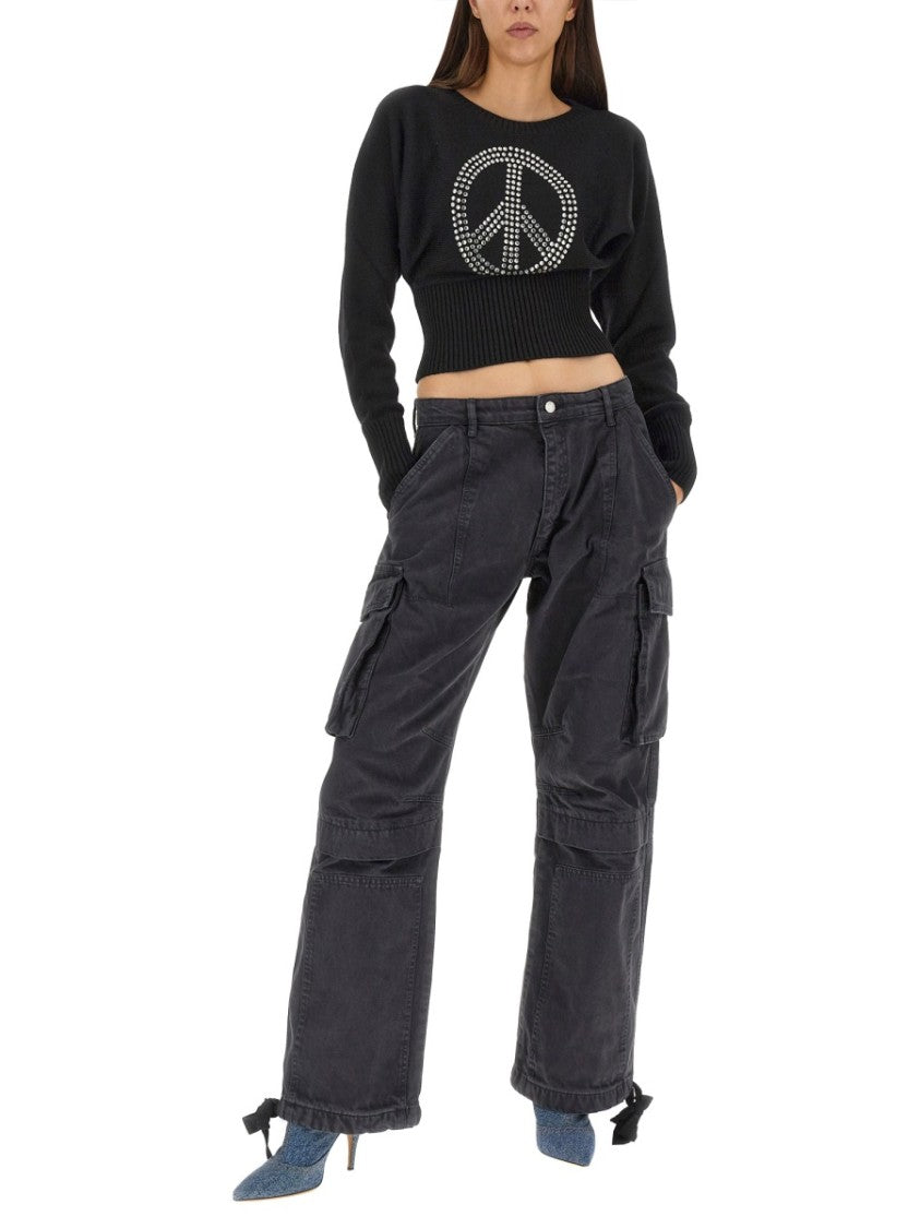 Moschino Cropped Black Jersey With Rhinestone Peace Symbol