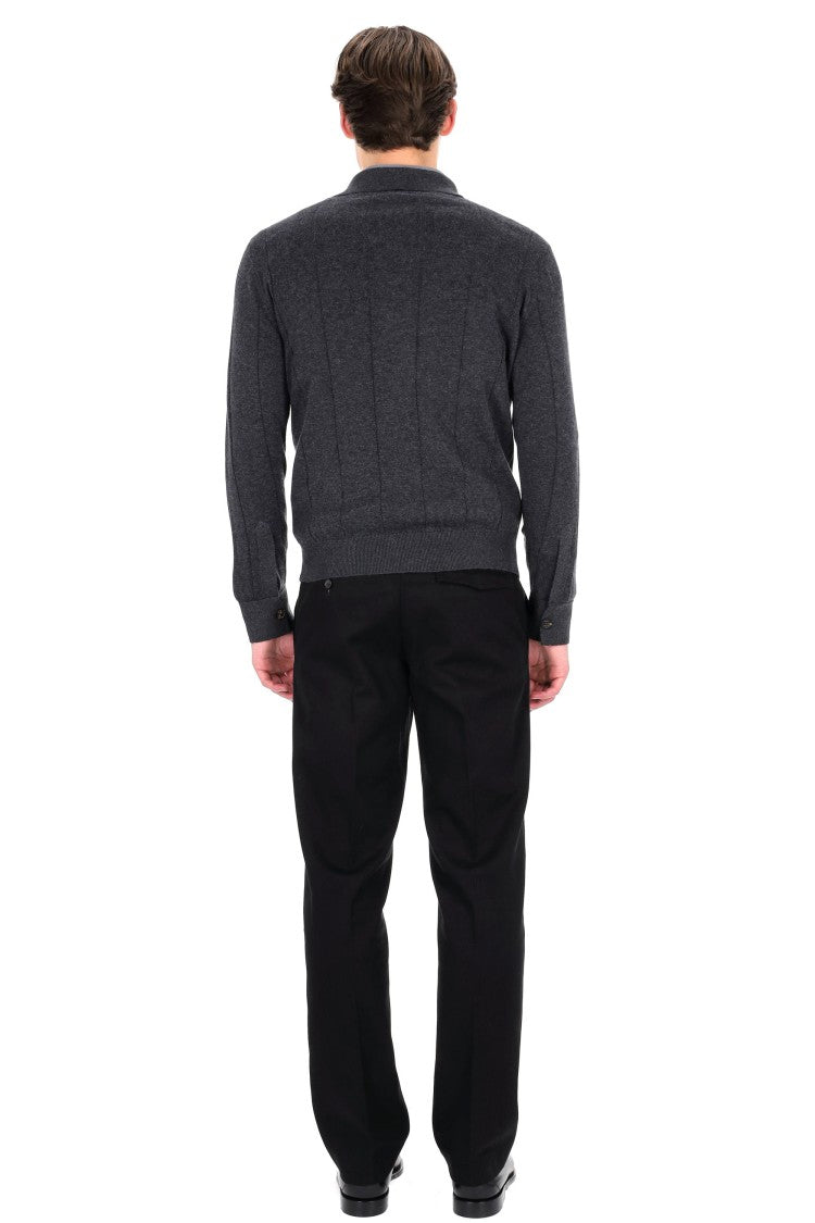 Eleventy Cotton-Cashmere Blend Long Sleeve Polo With Horn Buttons