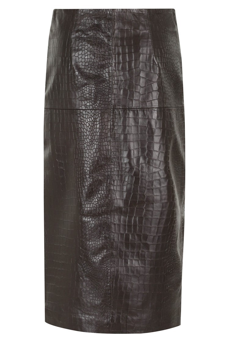 Federica Tosi Brown Crocodile-Embossed Leather Midi Skirt
