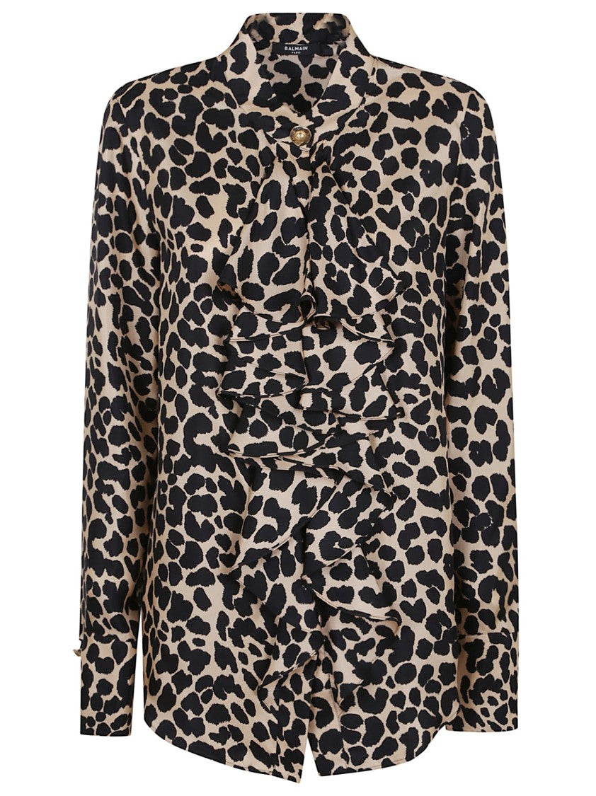 Balmain Jabot Collar Leopard Print Shirt