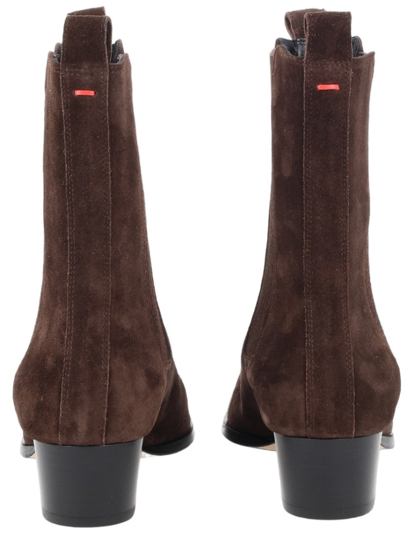 Aeydē Brown Pointed-Toe Cow Suede Block Heel Boots