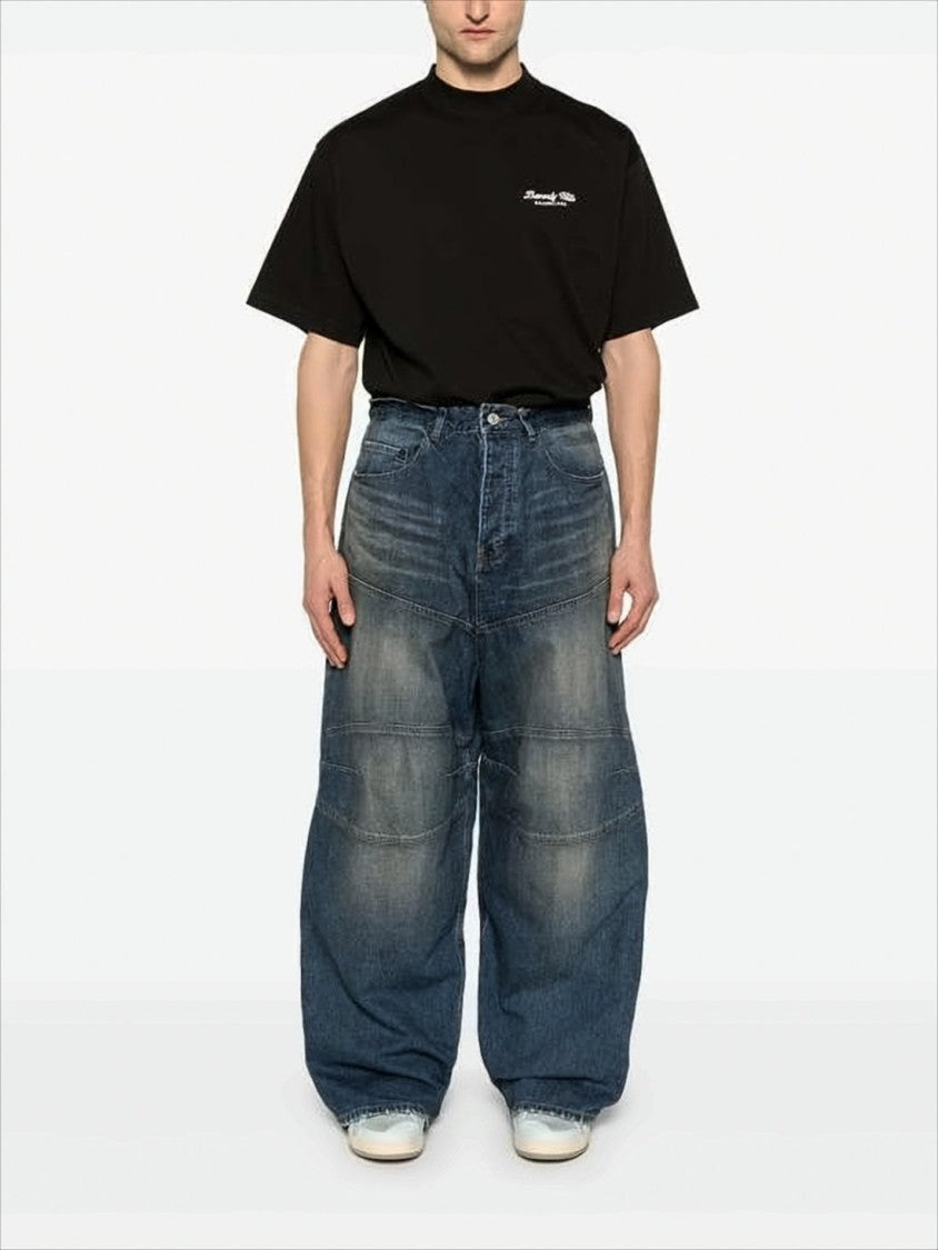 Balenciaga Wide-Leg Distressed Denim Pants With Horizontal Seam Detailing