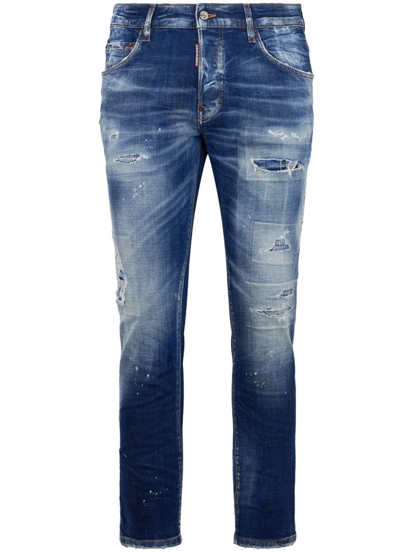 Dsquared2 Distressed Medium Blue Denim Trousers With Paint Splatter Details