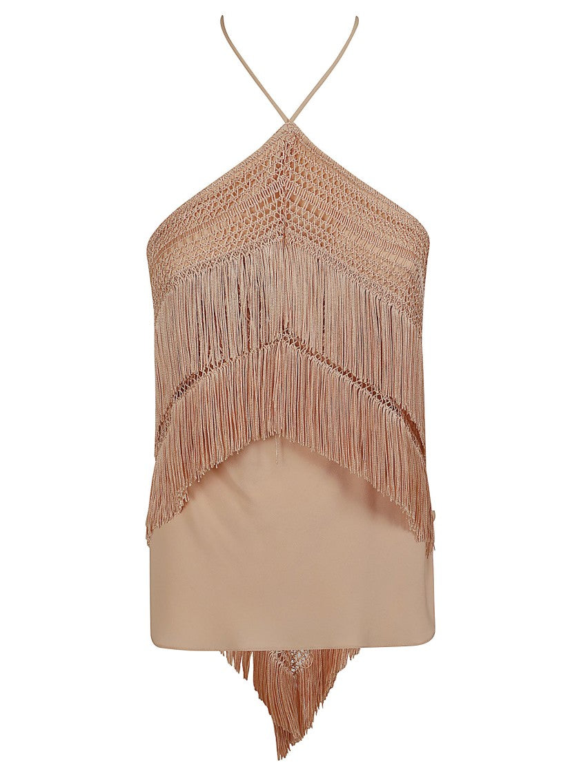 The Andamane Halterneck Fringed Top With Asymmetrical Hem And Crochet Detailing