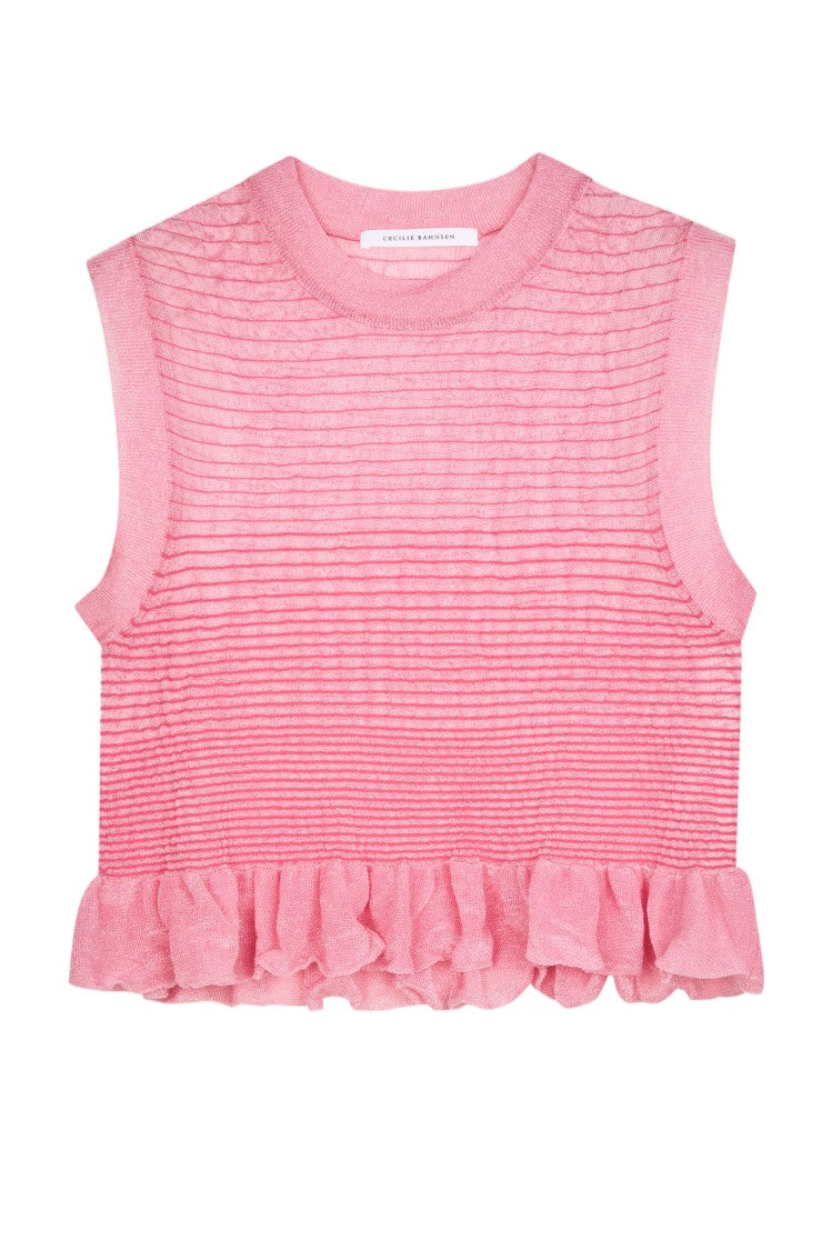 Cecilie Bahnsen Sheer Knit Sleeveless Crop Top With Fringed Hem