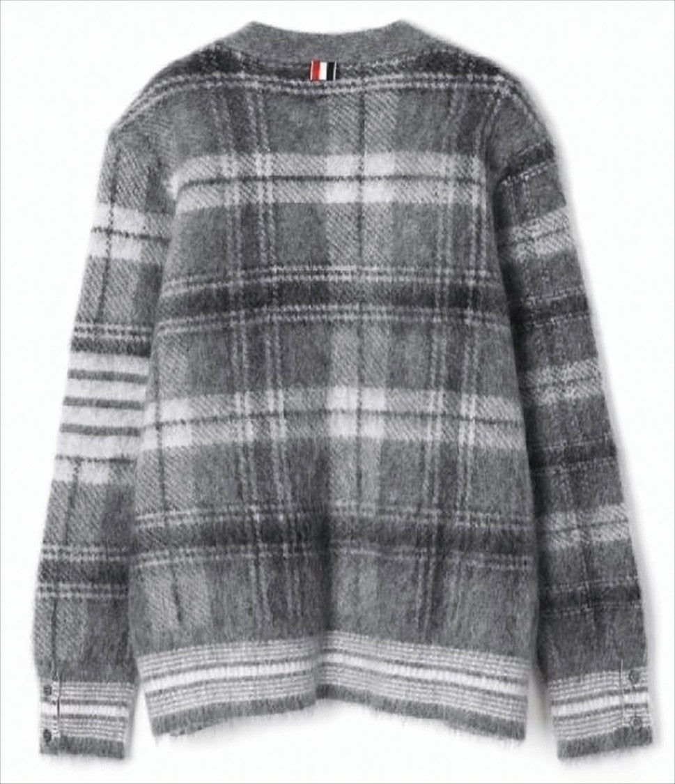 Thom Browne Plaid Textured Knit Cardigan With Contrasting Striped Details