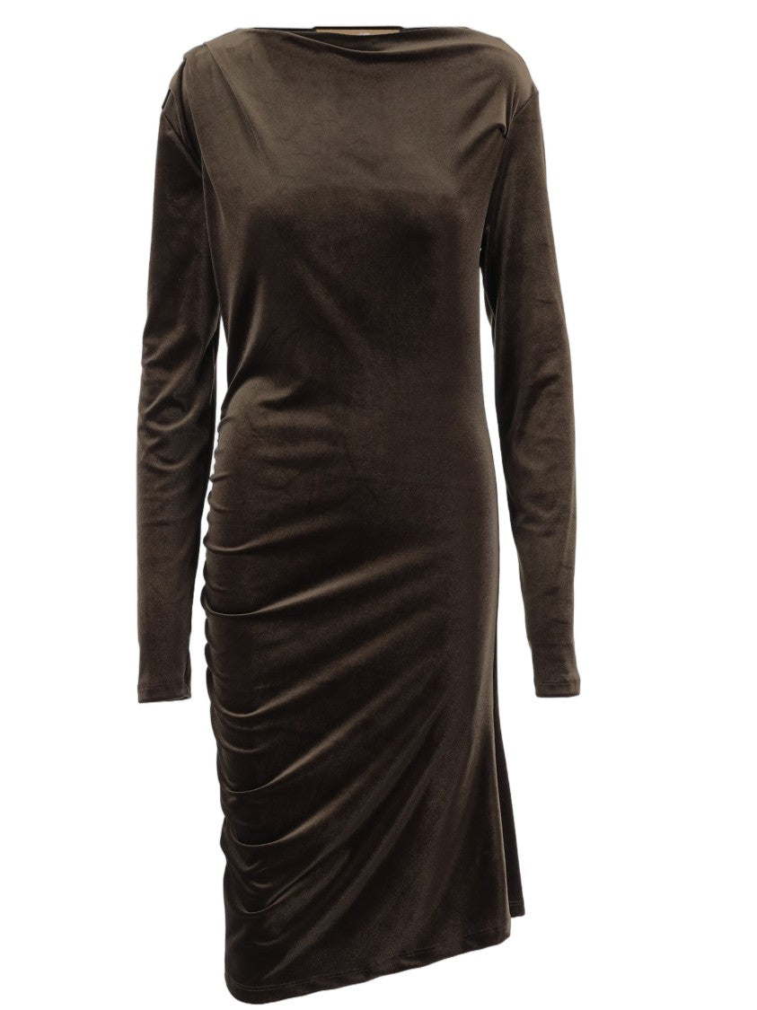 Don't @ Me Brown Side Draped Technical Stretch Jersey Midi Dress
