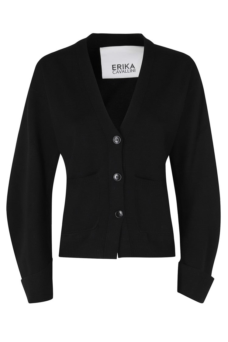 Erika Cavallini Pietro Black V-Neck Virgin Wool Cardigan