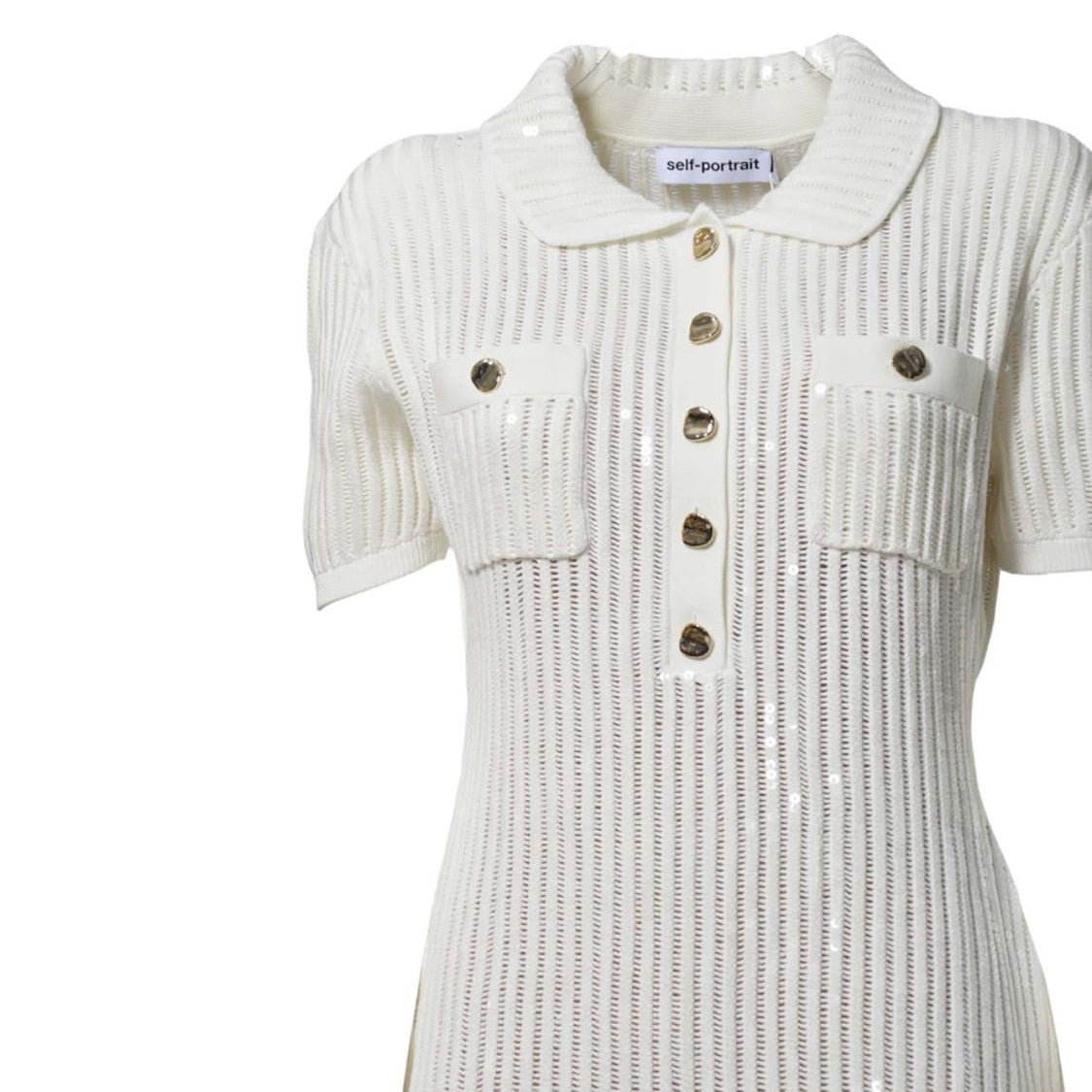 Self-Portrait Ribbed Knit Mini Dress With Button-Down Front And Metallic Details