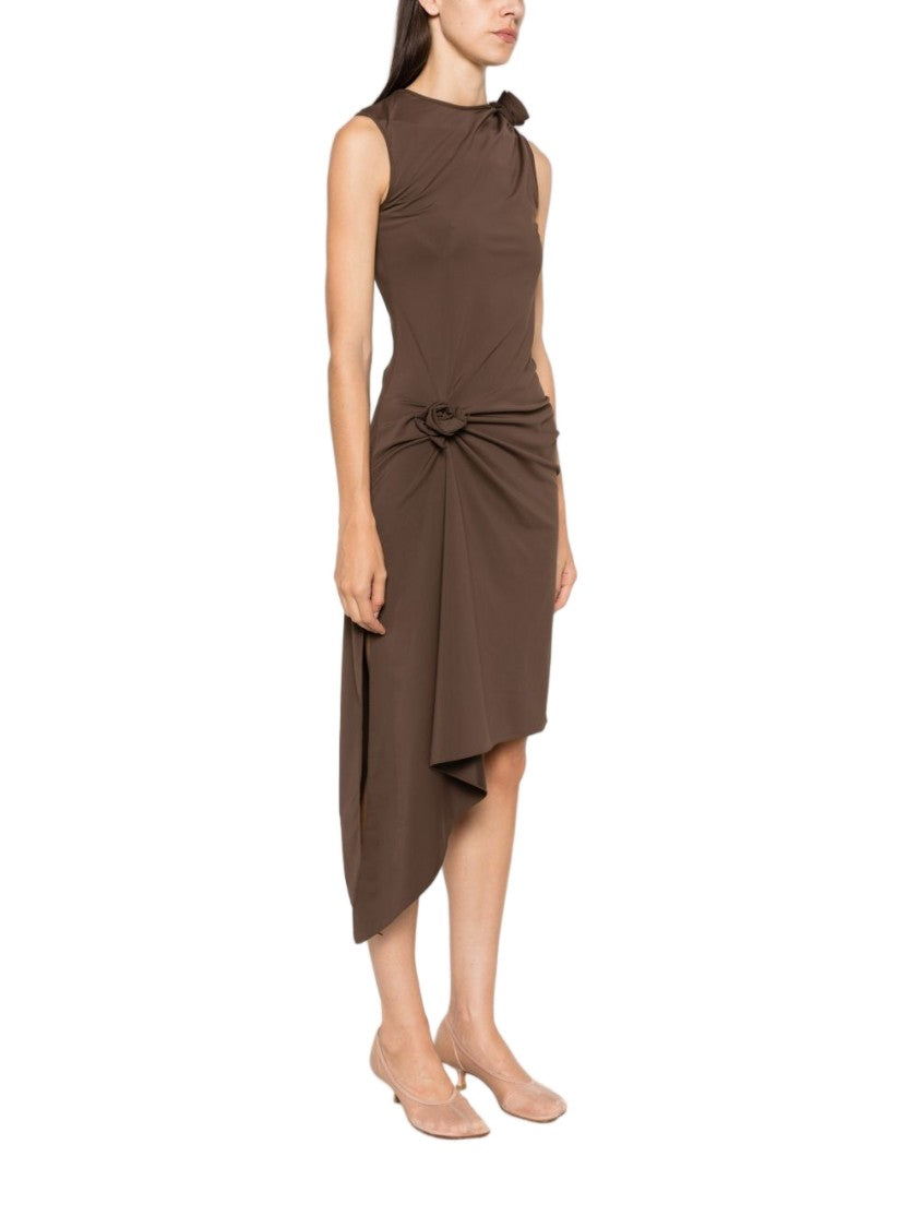 Coperni Asymmetric Brown Dress With Draped Detailing And Floral Accents