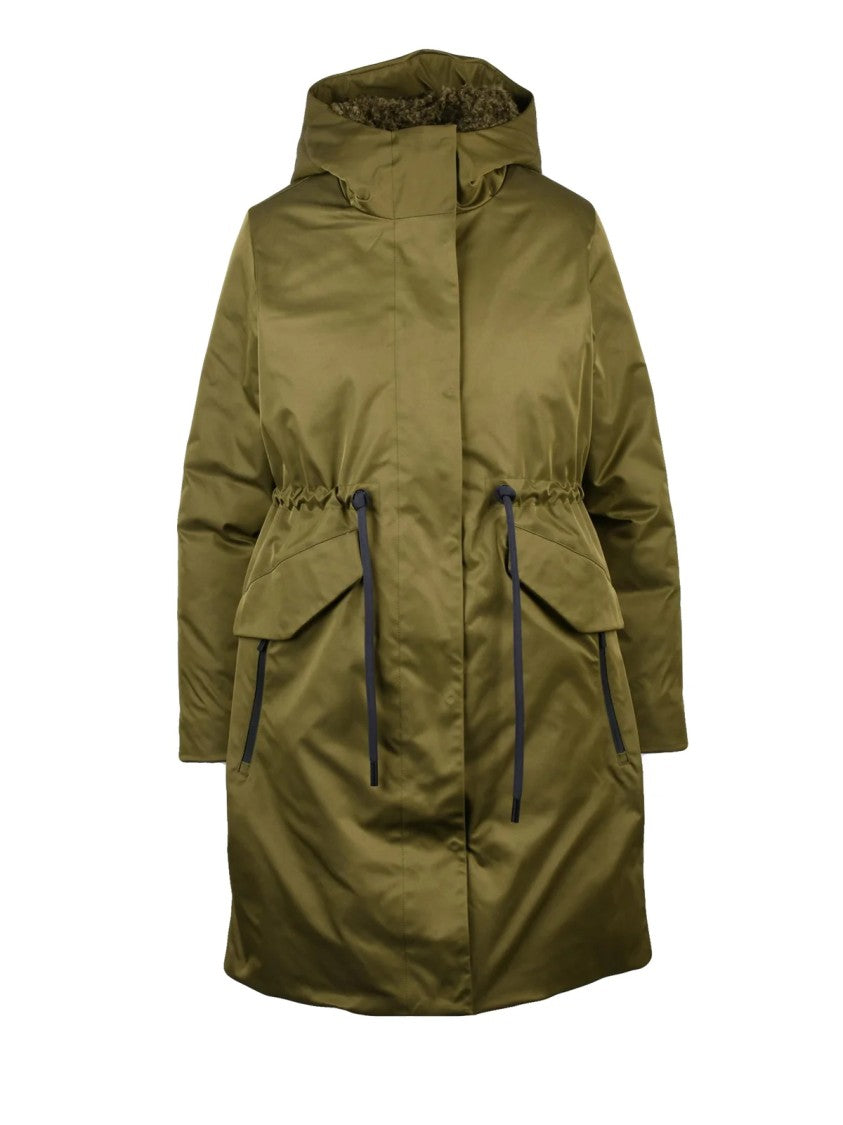 Save The Duck Military Green Padded Coat With Drawstring Waist And Flap Pockets