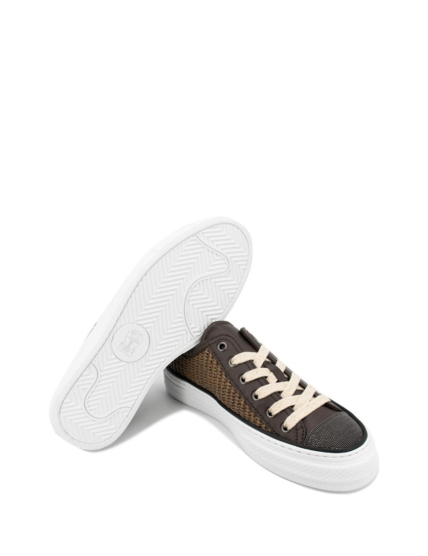 Brunello Cucinelli Woven Raffia And Leather Sneakers With Lace-Up Closure
